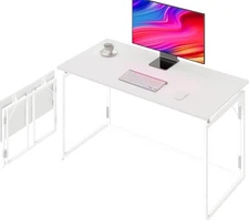 Almooder Foldable White Computer Desk Matte Finish Metal Wood Home Office