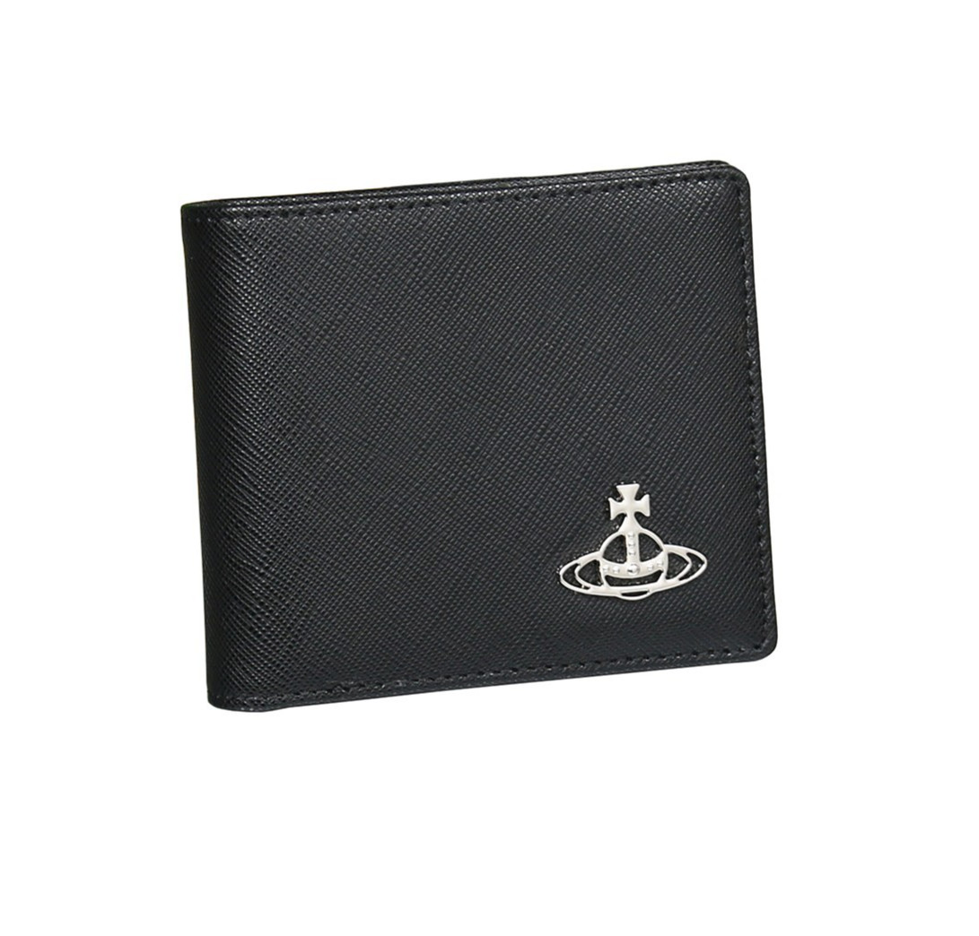 Vivienne Westwood Wallet black leather silver Orb Bi-Fold credit cards notes New