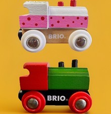 2 Wooden Brio Train Engines - Cupcake Theme  Basic Colors
