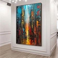 Abstract Blue City 3D Colorful Modern Hand Painted Oil Painting On Canvas