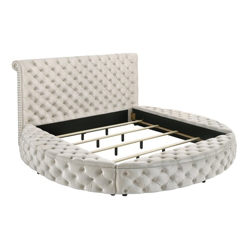Unique Round Plush Ivory Velvet Button-Tufted Detailing Storage Bed King Siz - Picture 7 of 68