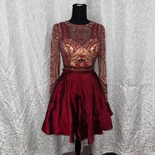 Sherri hill two piece set long sleave flaired skirt open back size 4 nude red 