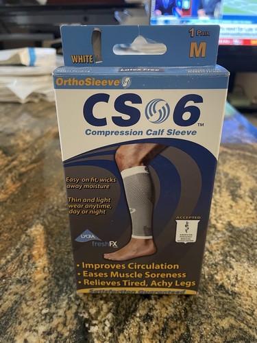 OrthoSleeve CS6 Compression Calf Sleeve Medium White Lycra Easy On Easy Fit Pair - Picture 1 of 5