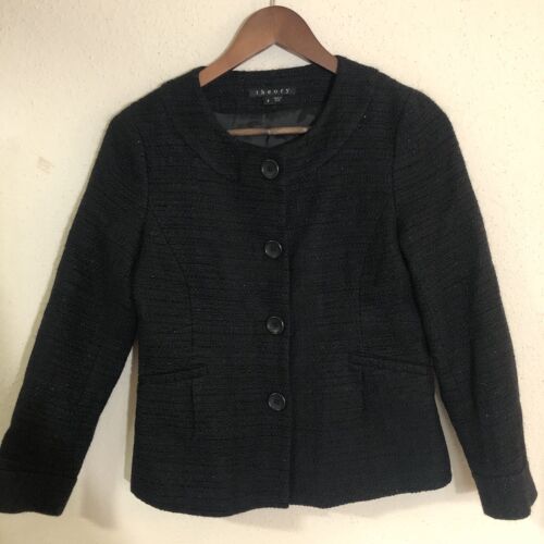 Theory Teesen Jacket Women Size 4 Black Tweed Basic Cotton Blend Shimmer Blazer - Picture 4 of 12