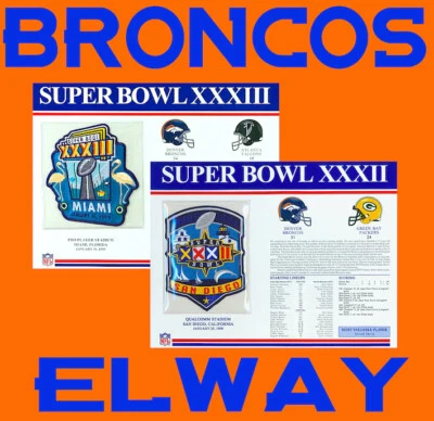 (2) DENVER BRONCOS John Elway SUPER BOWL PATCH CARDS Willabee & Ward SB 32 & 33 - Image 1 of 3