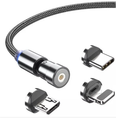 540° Rotate Magnetic 3 in 1 Braided Charging Cable For Micro USB/Type C/ iPhone - Image 1 of 4