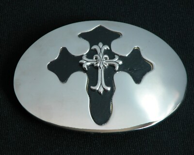 Vtg 90s Large Cemetery Cross Belt Buckle Chrome & Leather Glam