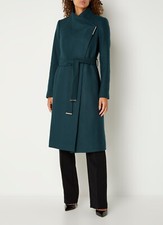 Ted Baker Rose Teal Wool Cashmere High Neck Belted Wrap Long Dress Coat 4 14 L
