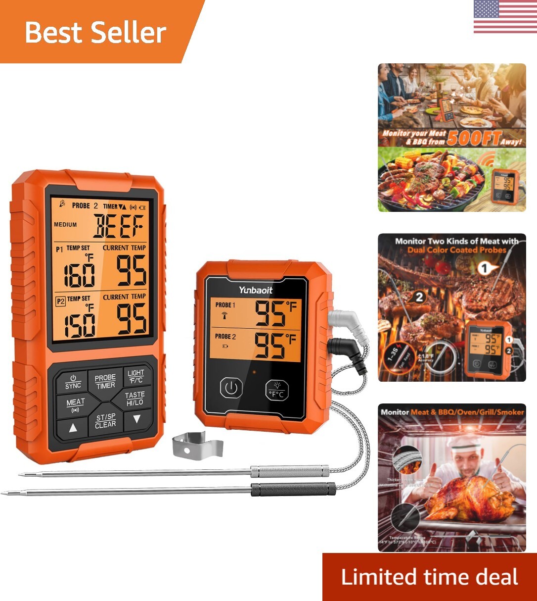 Digital Meat Thermometer - Wireless, Remote Range of 500FT, Dual Probes-image