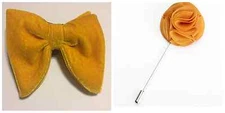 Mens FERUCCI COMBO SET Oversized  Bow Tie - Gold Velvet Bowtie and Lapel Pin
