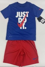 Image of NEW Nike Dri-Fit Logo T-Shirt Red & Shorts Blue Sz 6/M 110-116CM Boys Youth