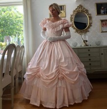 Pink Evening Gowns Satin Lace Pleated Tie A-Line Long Medieval Vintage Prom