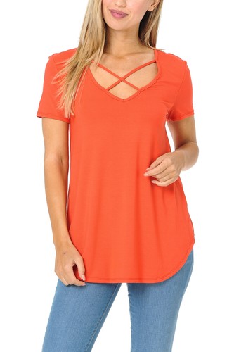 Auliné Collection Womens Casual Criss Cross V-Neck Short Sleeve T-Shirt Tee Top - Afbeelding 26 van 88