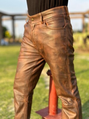Men's Dark Brown Genuine Sheep Leather Distressed Biker Motorcycle Leather  Pants