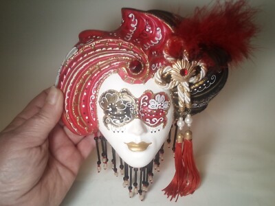 Vtg Wall Hanging Ceramic Masquerade Mask Made in Venice Italy Signed Red Black
