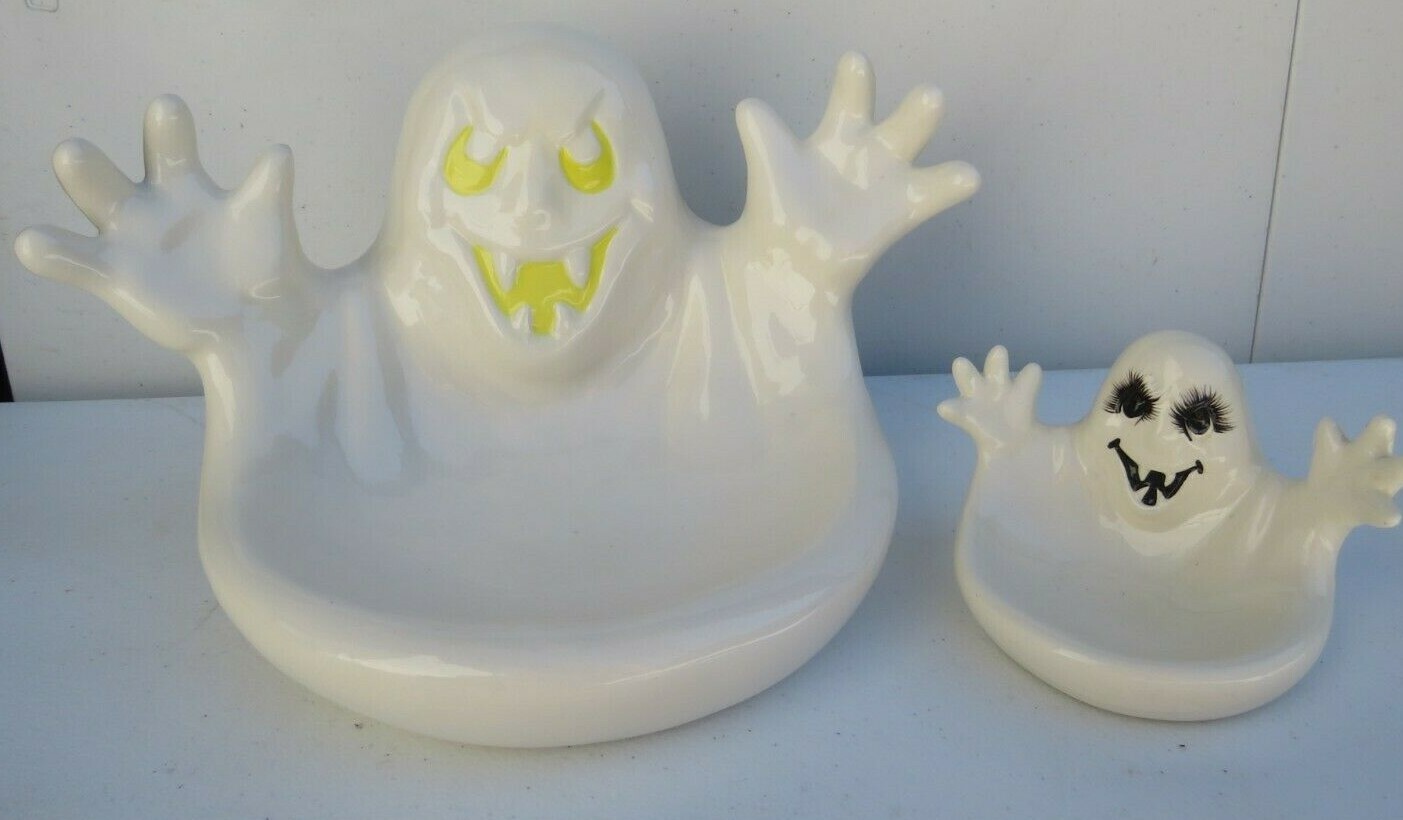 Vintage Spooky Ghost Ceramic Candy Dish Decoration Halloween lot of 2
