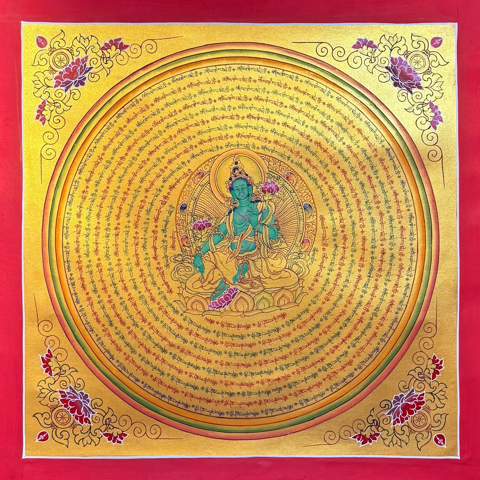 Green Tara Mantra Mandala Thangka Painting