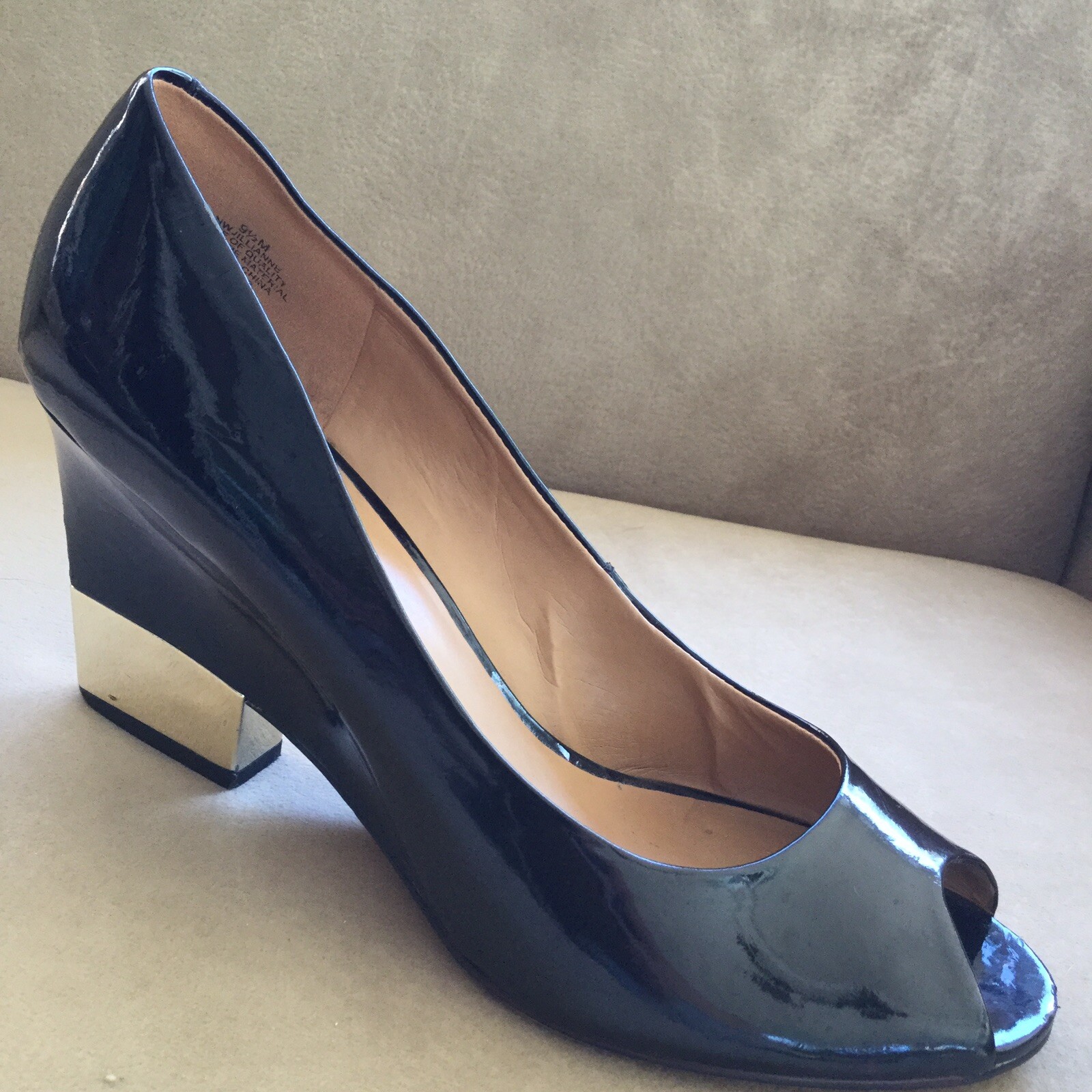 Women's Nine West SZ Black Patent Open-toe Wedge, Gold Heel