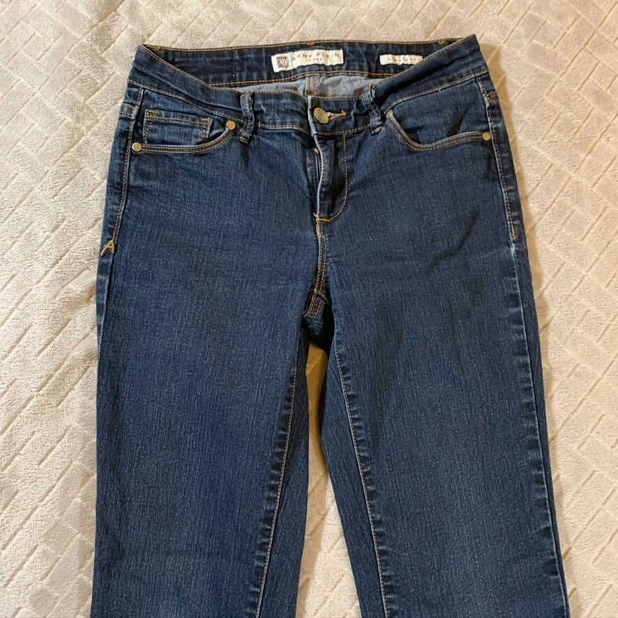 Pantalones de mezclilla Anne Klein para mujer 0 azules rectos tiro bajo lavado oscuro elásticos Foto 2 de 4