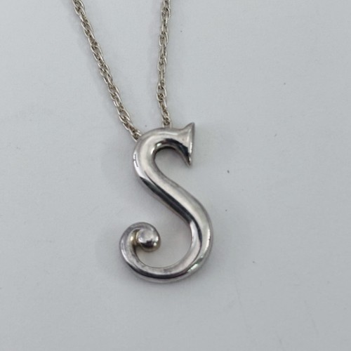 Sterling Silver Pendant 17" Chain Necklace Letter Initial "S" Monogram Signed - Picture 4 of 5