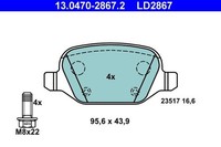 ATE 13.0470-2867.2 Bremsbelagsatz, Scheibenbremse 95,6 Mm 43,9 Mm 16,6 Mm