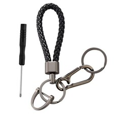 Braided Leather Keychain for Car Keys Heavy Duty Metal Ring, Gunmetal - Black