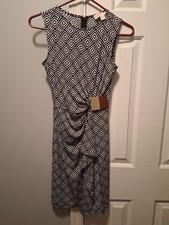 Michael Michael Kors Petite P Black/White Geometric Sleeveless Belted Dress