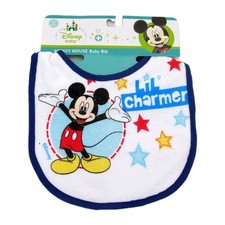 DISNEY Baby Bib Mickey Mouse Lil Charmer Blue Trim Stars 0-3 years Shower Gift
