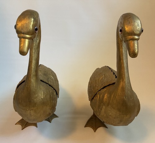 Pair Spanish Gilt Metal Cygnet Geese Form Vases w/ removable flower frog basket - Picture 3 of 16