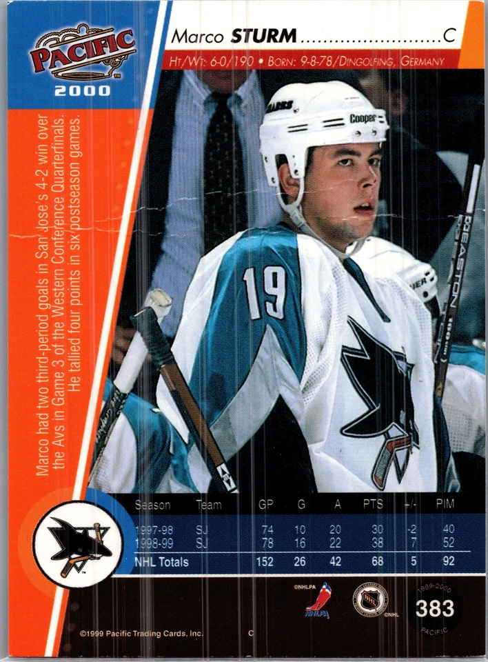 1999-00 PACIFIC RED #383 MARCO STURM AUTOGRAPH SAN JOSE SHARKS - Image 2 of 2
