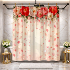 Romantic Floral Red Heart Shower Curtain 72x72 Love Theme Home Decor