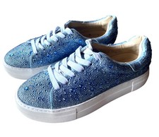 Betsey Johnson Sidny Blue Rhinestone Platform Sneakers Size 7.5 Bling Glam Shoes