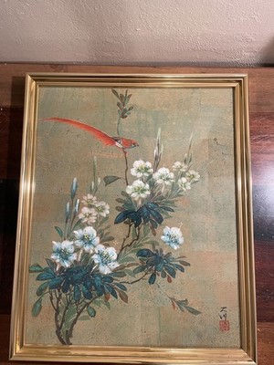 Vintage Asian Bird & Blossom Painting Gold Frame Chinoiserie Art