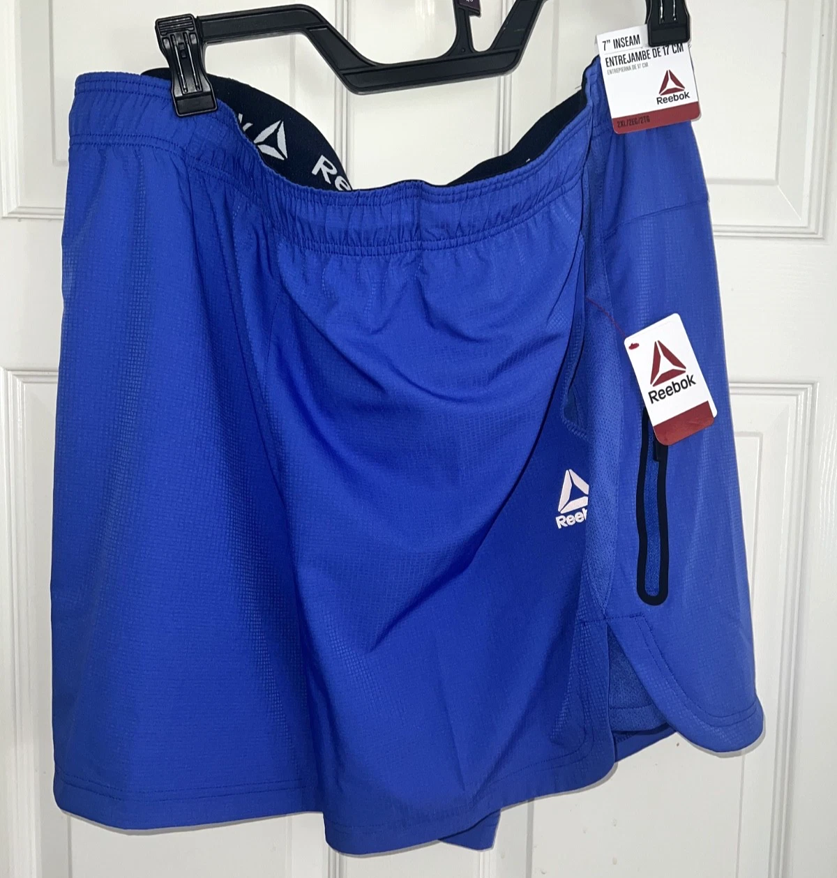 NEW REEBOK MENS 2XL WOVEN SHORT 7" INSEAM BLUE PACE BREAKER RUN GYM ZIP POCKETS