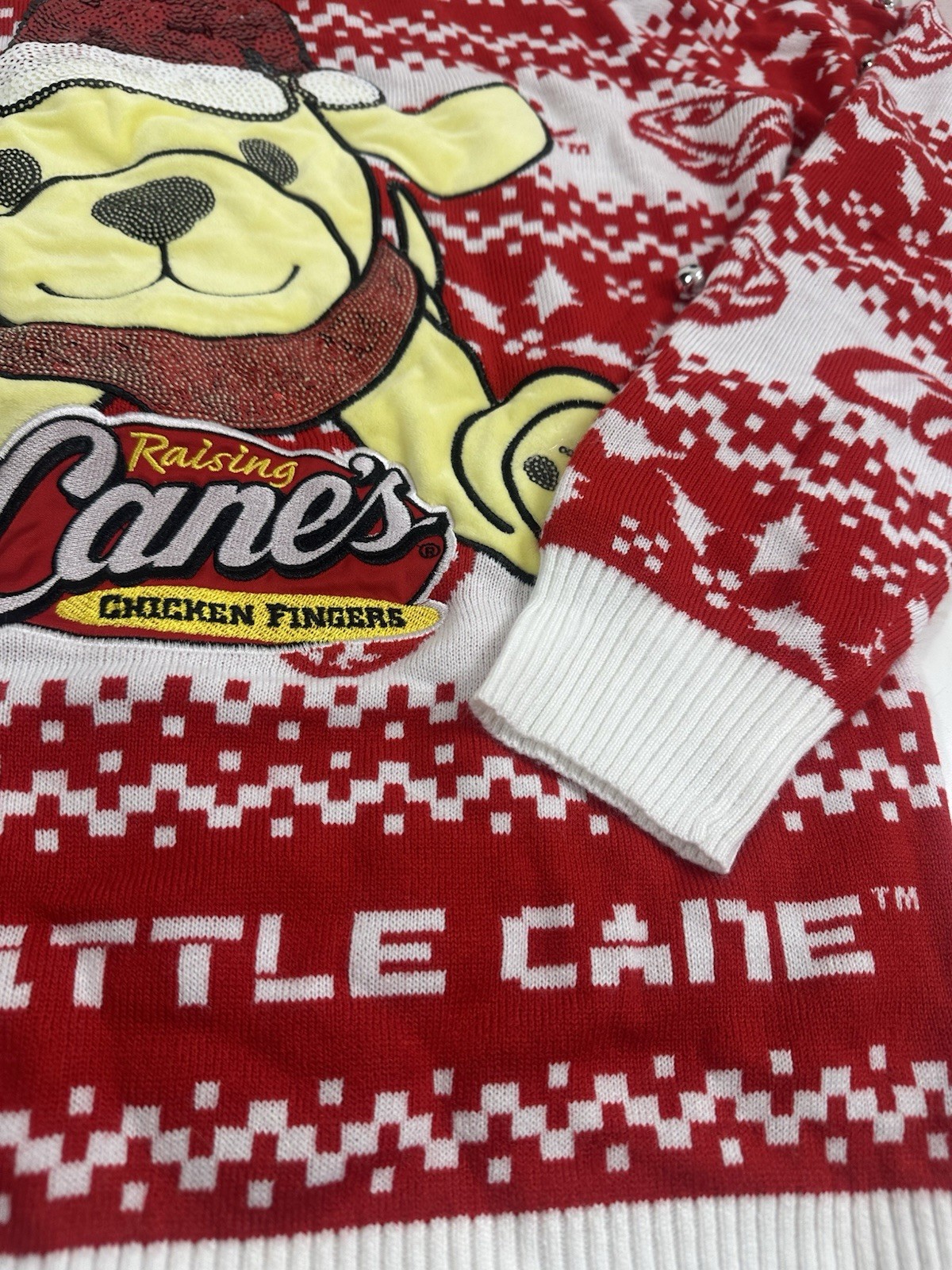 Raising Cane’s Xmas Sweater L Red White Cane Dog Ugly Holiday Jingle Bells 3D