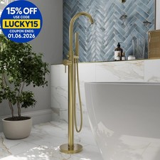 Modern Freestanding Bathroom Shower Bath Mixer Tap Handheld Hose Brushed Brass