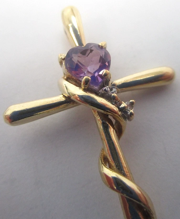 Colgante Cruz Diamante y Amatista Oro Amarillo 14k Vintage Foto 2 de 4