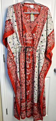 Nice Day Women's Dress Elephant Kaftan Maxi L Cover Up Red V-Neck Beach Boho Fun
