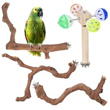 4-Piece Bird Perch Set with Rotating Ball Stand - Natural Wood Bird Gym 