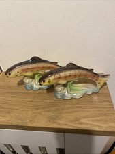 PAIR OF VINTAGE RAINBOW TROUT FISH DESIGN ORNAMENT CERAMIC PORCELAIN- Damaged