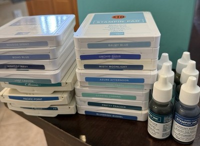 Stampin  Up! Ink Pad Lot 15 Pads + 6 Reinkers Blue Teal Navy Retired Colors