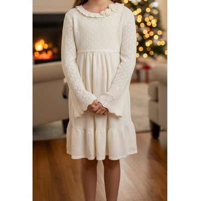 Ivory Cream Vintage Boho Chic Cottage Bell Sleeves Victorian Girls 14 Knit Dress