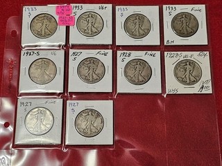 Dealer's Overstock of 10 Circ 1927 33 90% Silver Walking Liberty 50Cents #T3874