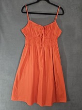 Quince Organic Cotton Keyhole Midi Dress Vermilion Red Smocked Waist Womens L