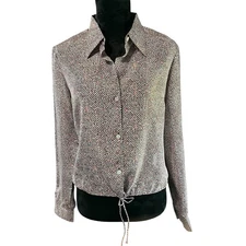 100% Silk Kenneth Cole Wmns 10 Long Sleeve Top Boxy Brown Beige Orange Fuschia