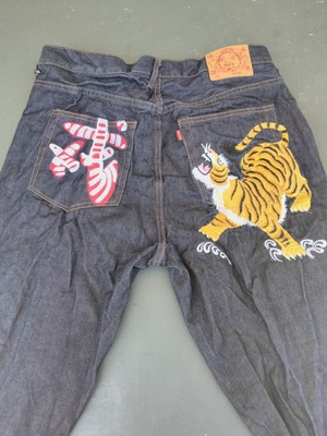 EVISU Rare Denim Pants Embroidered Tiger Red Letter Kanji Indigo
