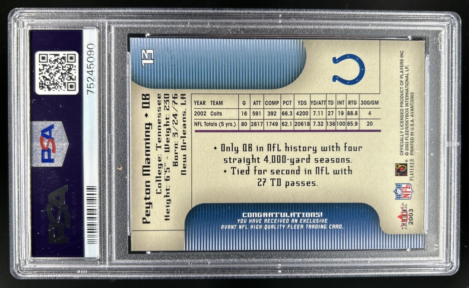 2003 Fleer Avant Peyton Manning #13 Colts PSA 10 GEM MINT view 2