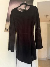 Black Crochet Shift Mini Dress L Round Neck Long Sleeve Open Back Tie