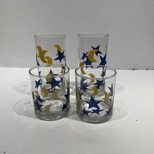 Set Of 4 Yellow Moon & Blue Stars Celestial Rocks Drinks Lowball Glasses