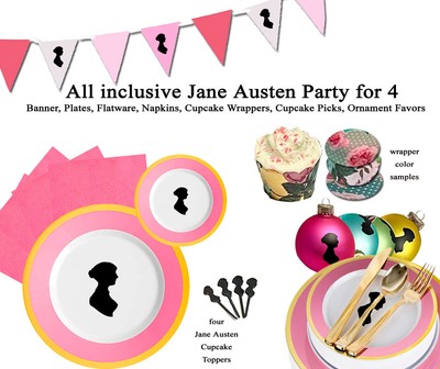 Jane Austen Party Kit for 4: Plates, Banner, Flatware, Favors, Cupcake ...